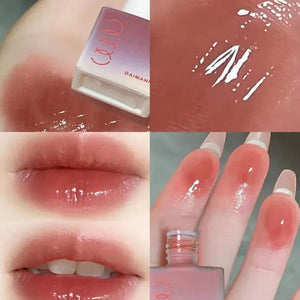 Glossy pink lip tint applied on lips, hand, and shown with applicator and bottle