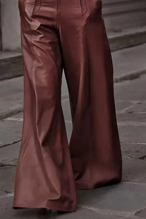 Wide-leg brown leather pants for women, street style fashion closeup