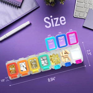 Weekly rainbow pill organizer with labeled compartments for vitamins and supplements on purple desk