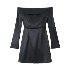 Black off-shoulder long sleeve mini dress, elegant evening fashion style