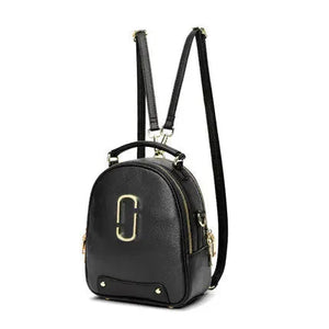 Black leather mini backpack with gold accents and adjustable straps, fashion accessory