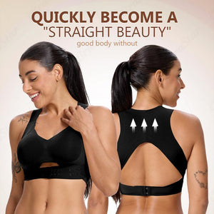 Black posture corrector bra with back support arrows, promoting straight beauty and good body alignment