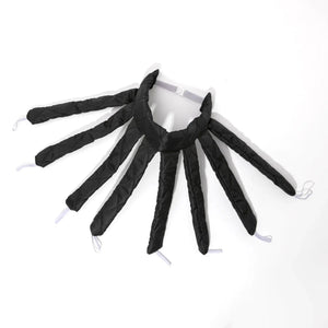 Black satin heatless hair curling headband with multiple long rods, laid on white background