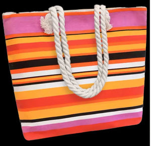 Colorful striped tote bag with thick rope handles, orange, pink, yellow, and white pattern