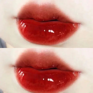 Glossy red ombre lips close-up showcasing vibrant lip makeup