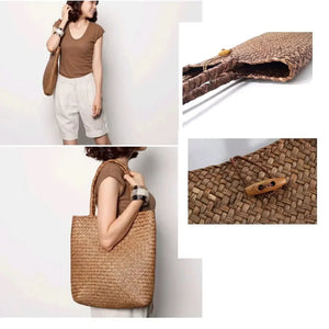 Woman carrying woven tote bag with wood button closure, close-up details shown