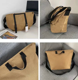 Tan canvas messenger bag with black straps and adjustable shoulder strap shown from multiple angles