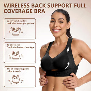 Wireless back support full coverage bra with 3D stereo cups and W-shaped support for posture