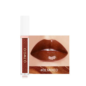 Brown glitter liquid lipstick tube with swatch on lips, shade #02 MIXED.