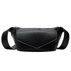 Black leather crossbody belt bag with front flap and wide adjustable strap