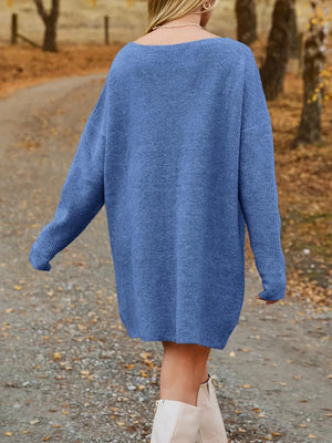 Blue oversized knit sweater dress, relaxed mini length - Rberyl
