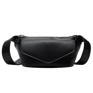 Sleek black leather crossbody bag with front flap pocket and adjustable strap on white background.