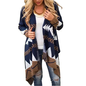 Woman wearing navy blue and brown geometric patterned open-front cardigan
