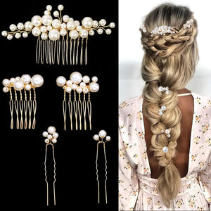 Golden Bridal Hairpiece Set - 5pc Pearl Combs and Pins Rberyl