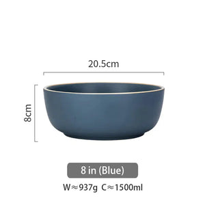 Blue ceramic bowl, 20.5cm diameter, 8cm tall, 1500ml capacity, modern kitchenware.