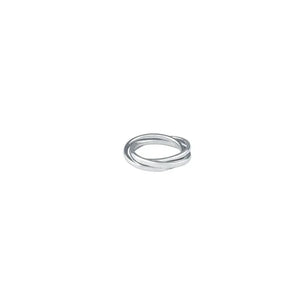 Minimalist silver intertwined band ring on white background, modern jewelry