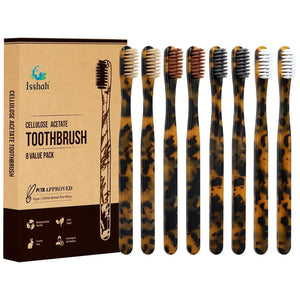 Cellulose acetate toothbrush set with tortoise shell handles, 8 pack, eco-friendly packaging