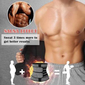 Man wearing sauna waist trainer belt for sweating and fitness, with before and after graphics.