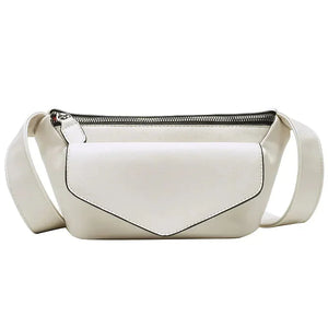 White leather crossbody belt bag with zipper, modern minimalist design