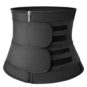 Black adjustable waist trainer belt with Velcro straps and front zipper closure