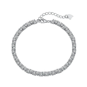 Elegant silver tennis bracelet with round clear gemstones on a white background