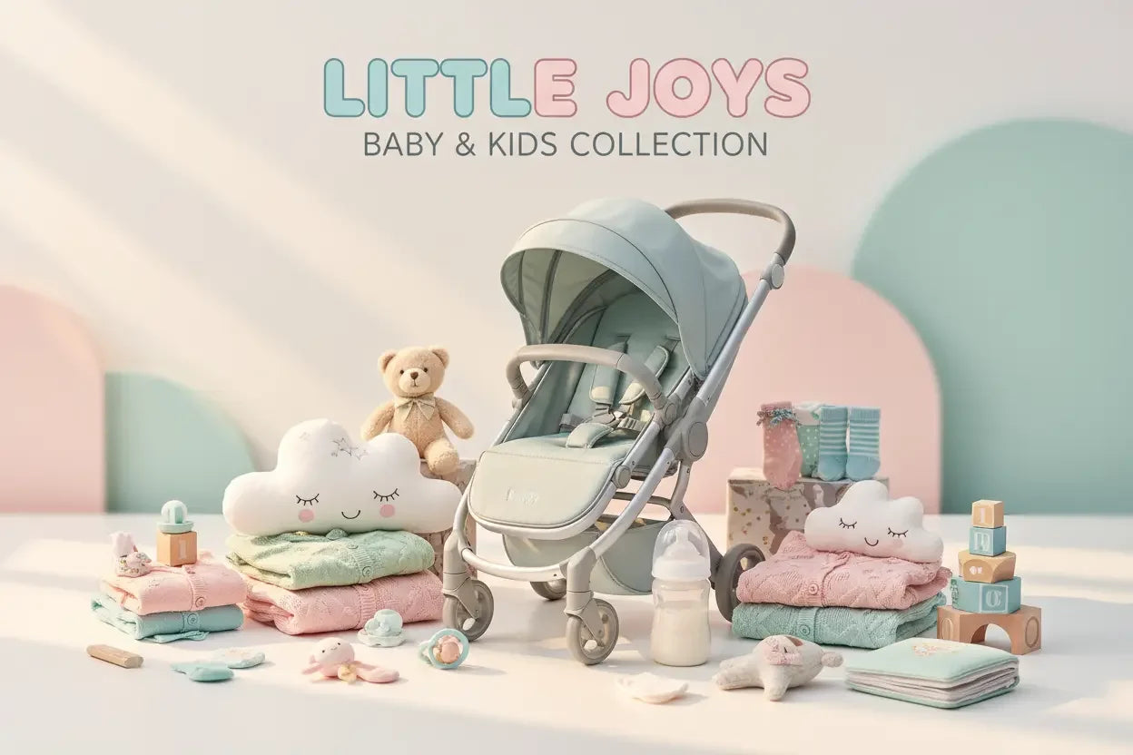 Baby stroller with plush toys, baby clothes, pacifiers, bottle, and blocks in pastel colors.