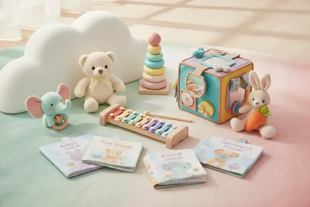 Soft baby toys set with plush bear, elephant, bunny, activity cube, xylophone, stacking rings, and cloth books on pastel mat.