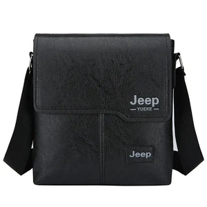 Black faux leather crossbody messenger bag with Jeep YUEKE logo and adjustable strap