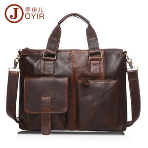 Dark brown leather shoulder bag with front pockets and top handles