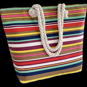 Colorful striped canvas tote bag with thick rope handles, suitable for beach or casual use