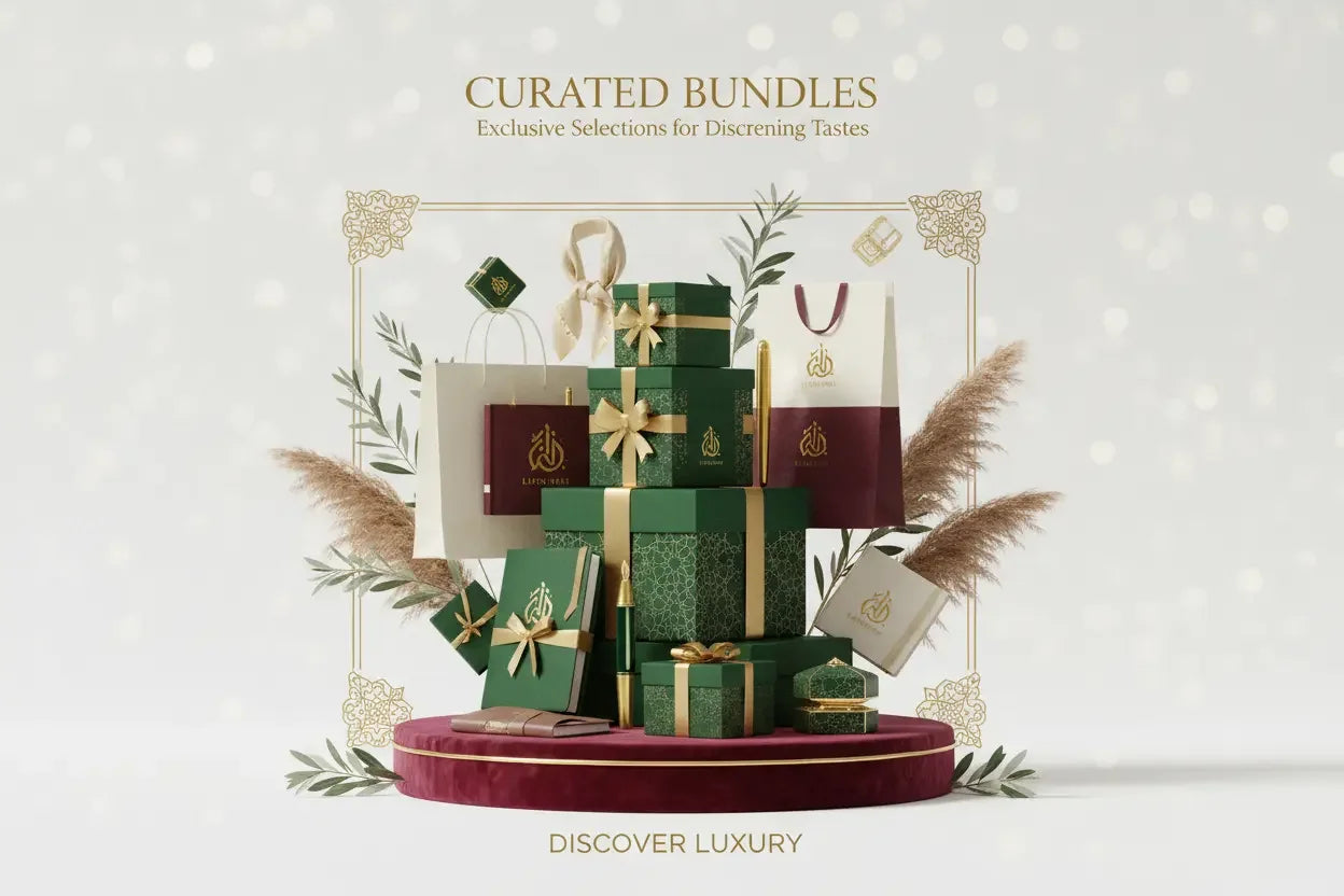 Elegant green and gold gift boxes and shopping bags arranged with luxury packaging.