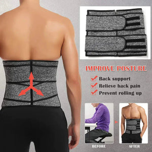 Adjustable grey back support waist belt for posture correction, shown on person with before and after results.