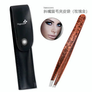 Rose gold slant tip tweezers with black case and close-up of woman’s well-groomed eyebrows