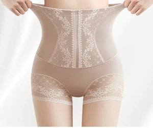 Beige high-waist lace shapewear shorts for women, floral pattern, tummy control