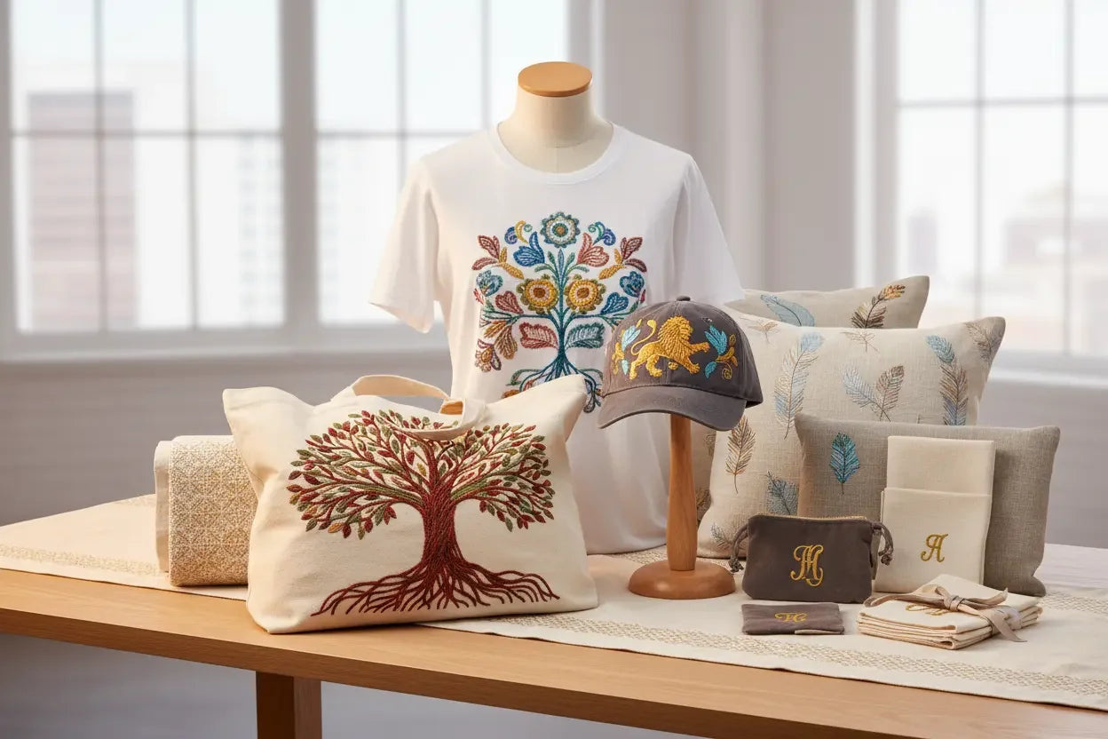 Assorted embroidered home decor, t-shirt, tote bag, and accessories on a table