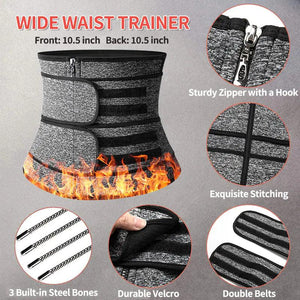 Gray wide waist trainer with zipper, velcro, steel bones, double belts, and detailed stitching.