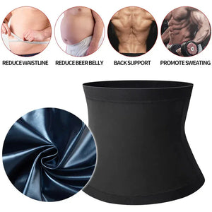 Black sauna waist trainer belt with stretchy fabric, shown with benefits for slimming and support.