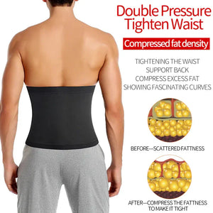 Man wearing black waist trainer shaping belt, promotes double pressure slimming and back support