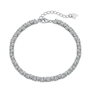 Elegant silver tennis bracelet with sparkling clear stones and adjustable clasp on white background