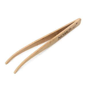 Wooden tweezers with NOMOY PET logo, isolated on white background