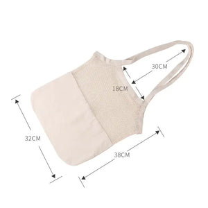 Beige mesh and fabric tote bag with shoulder strap and size measurements in centimeters.