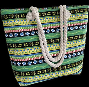 Colorful patterned tote bag with braided rope handles, green and yellow geometric stripes