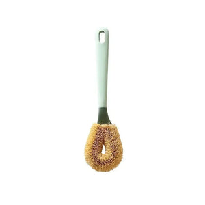 Eco-friendly dish scrub brush with ergonomic handle and natural fiber bristles on white background
