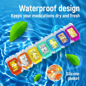 Colorful waterproof weekly pill organizer with silicone gasket floating on water