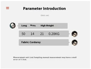 Corduroy fabric product dimensions chart, 50x14x21 cm, 0.28kg weight.