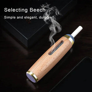 Beech wood smoking pipe with brass accents, emitting smoke on a dark surface