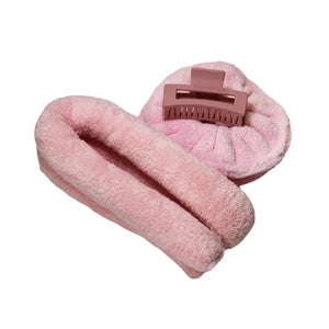 Soft pink headband and matching hair clip set for beauty routines on white background