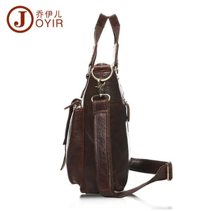 Side view of a dark brown leather backpack with adjustable straps and gold hardware on white background