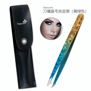 Colorful slant tip tweezers with black carrying case for eyebrow grooming