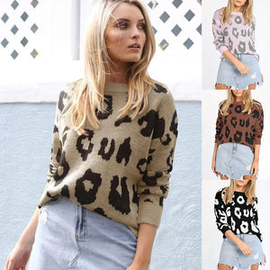 Woman wearing leopard print sweater with distressed denim skirt, three color options shown.